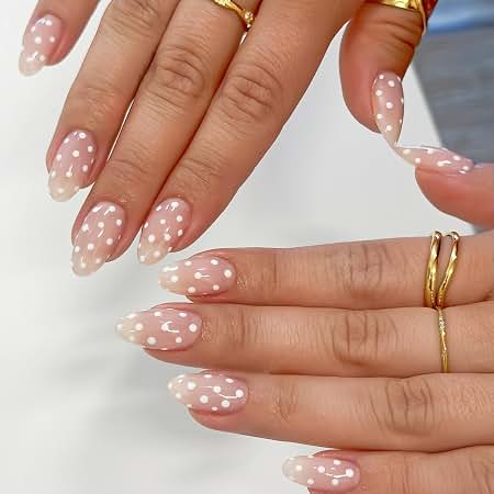 Press on Nails - Short Almond, Cute Polka Dot | Reusable Fake Nails Press ons, DIY Manicure at Home, 30Pcs