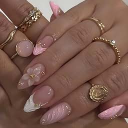 Pink French Tips flower press on nails