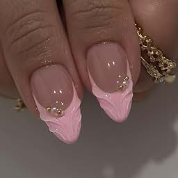 Pink French Tips flower press on nails